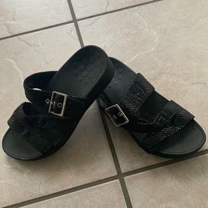 Vionic low wedge sandals. Black snakeskin print. Size 6